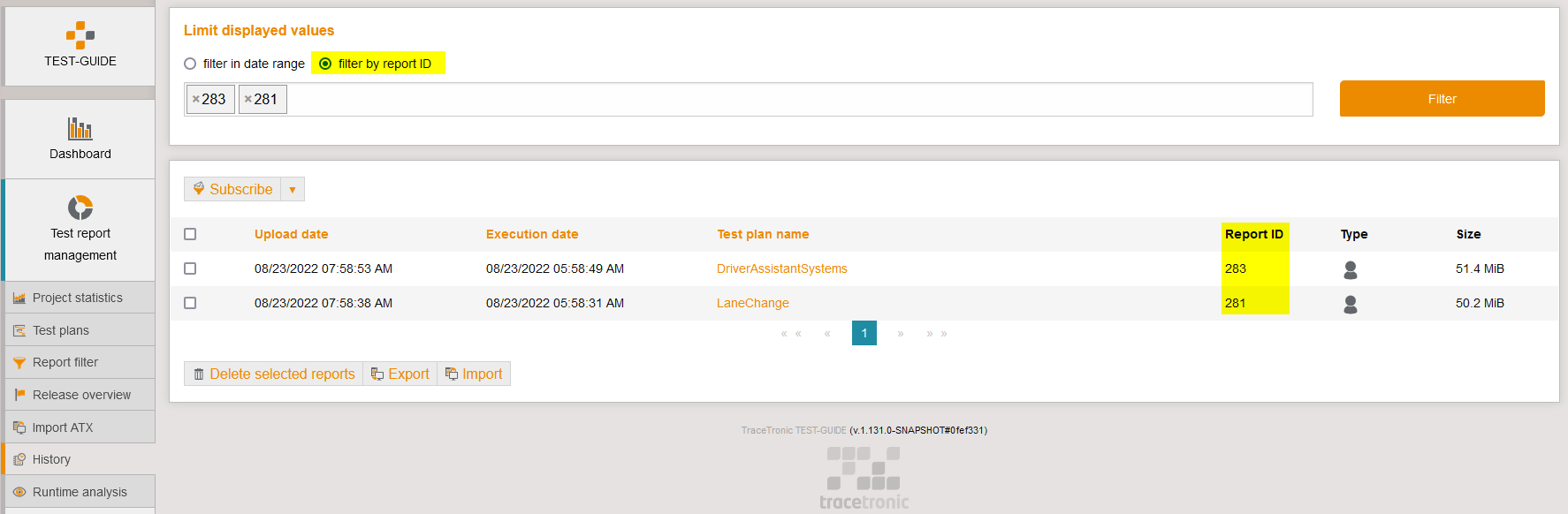 HistoryFilterByReportId