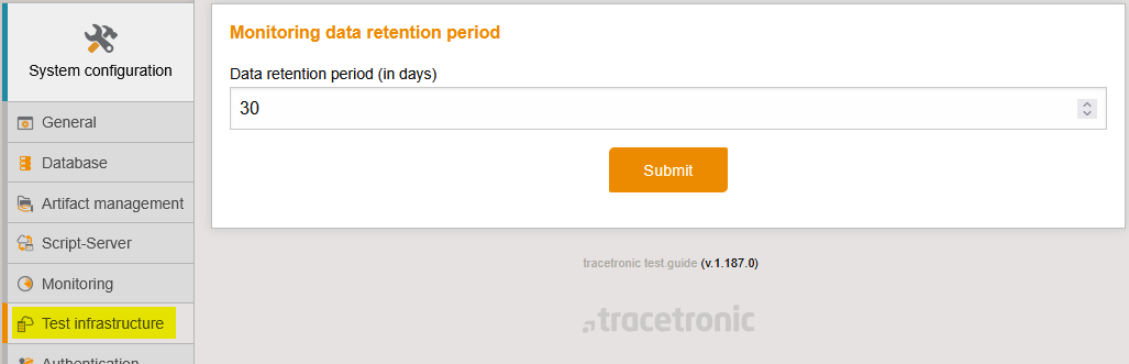 ti MonitoringDatabaseRetentionPeriodSettingOnTestInfrastructurePage