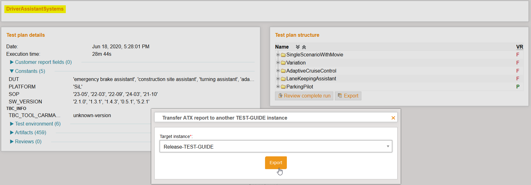 TestRunExportSelection